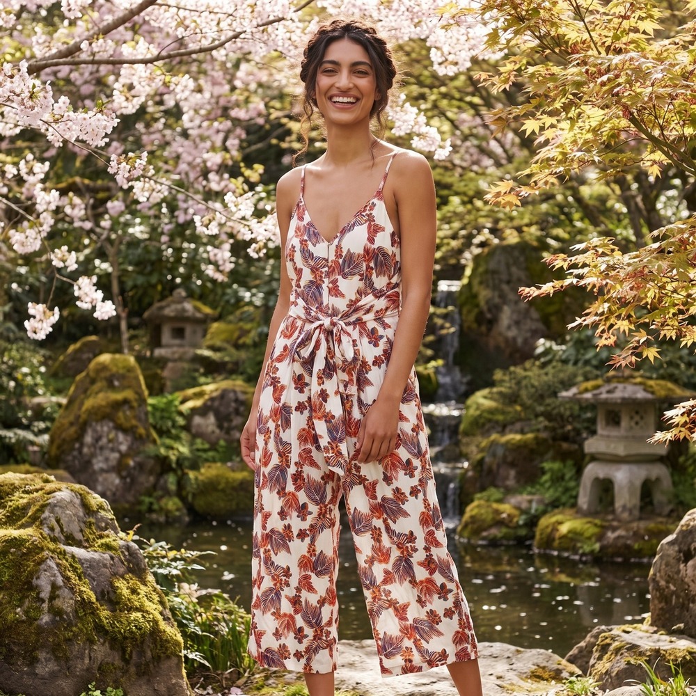 Free People Tropical Print Jumpsuit Womens 0 Ivory Floral‎ Boho Wide Leg Romper